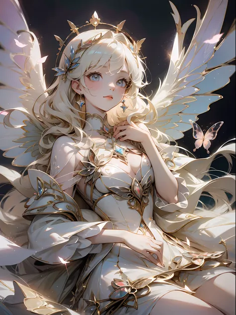 holy light butterfly angel girl，butterfly wings，chest shooting(mcu)，in the style of rococo pastel hues，light white and light red...