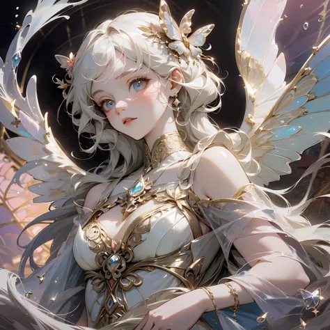 holy light butterfly angel girl，butterfly wings，chest shooting(mcu)，in the style of rococo pastel hues，light white and light red...