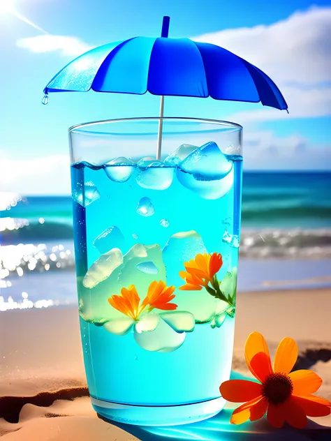 high detal，a glass filled with a blue drink，ice cubes，airbubble，the sea and the beach，beach umbrella，outline light，there is a be...