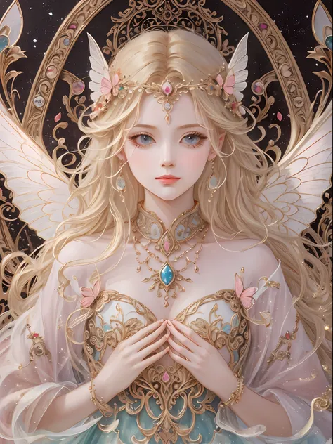 holy light butterfly angel girl，butterfly wings，chest shooting(mcu)，in the style of rococo pastel hues，light white and light red...