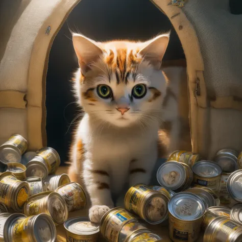 unbeatable masterpiece，ultra-realistic 8k cg，perfect artwork，cute cats，calico cat，standing inside a pile of cat cans，all around ...