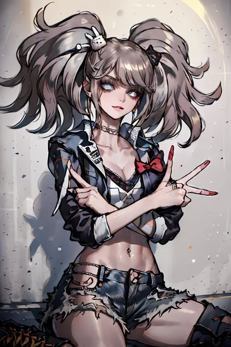(masterpiece:1.2, best quality), (1lady, solo, upper body:1.2), Hair: buzz cut, Clothing: oversized, distressed denim jacket with patches and pins, paired with black skinny jeans and combat boots, Accessories: silver hoop earrings and a black choker neckla...