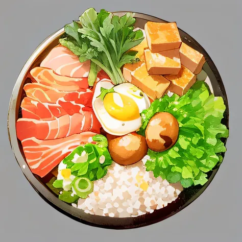 hand painted style,Estilo de Makoto Shinkai,Food illustration,anime food,down view。 There was a plate of food,Green onion。Includes fruits and vegetables, and eggs, Baked tofu, shiitake, Beef slices, Chamomile, Konjac silk,