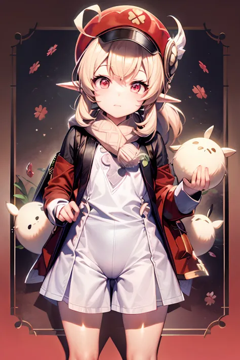 Klee is a small girl about 4 years old with fair skin and light red eyes. Blonde hair in a ponytail, possesses a pair of elf-like accounts, wears a red, keyhole tassel over the white dress and shorts underneath, wears a soft, breathable scarf, high socks t...