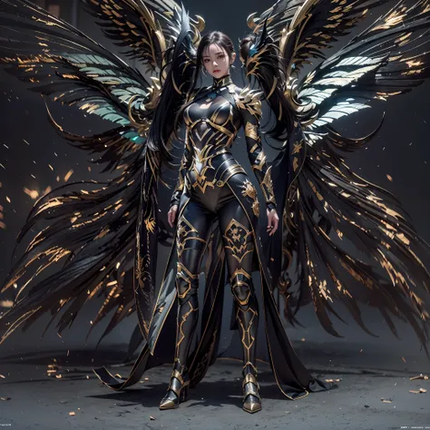 1girll，dark angel warrior，(((on the back there is a pair of large black half-body wings)))，black titanium，metal wings，（（metal wi...