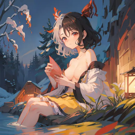 , Touhou Project、Junmi Ushizaki、illustratio, 1 girl, Solo, short-hair、fullnude、爆乳、No clothing、no-bra、not any dressed、hot onsen