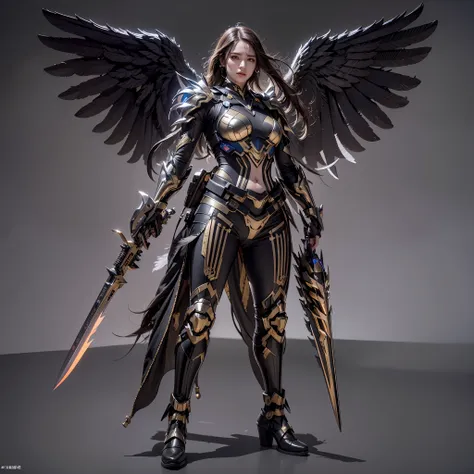 1girll，dark angel warrior，(((on the back there is a pair of large black half-body wings)))，black titanium，metal wings，（（metal wi...