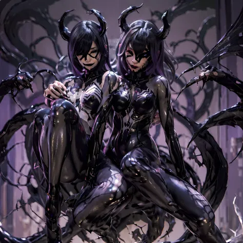 ((Symbiote)), (((((2girls))))), (((lesbian))), (purple theme), (black fingernails), (very sharp fingernails), (black toenails), (very sharp toenails), blackeyes, very slim, very long legs, demon horns, demon wings, demon tail, looking at viewer, full body,...