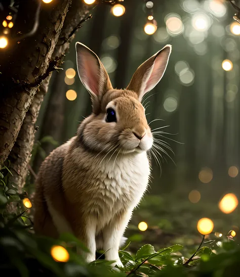 "close up shot of a rabbit in a magical forest at night, surrounded by twinkling fireflies. the scene is filled with a mesmerizi...