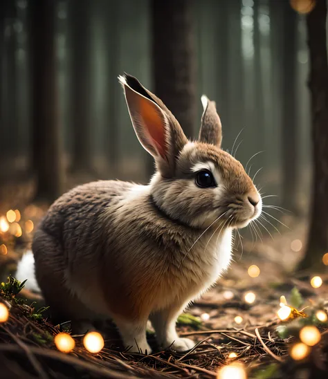 "close up shot of a rabbit in a magical forest at night, surrounded by twinkling fireflies. the scene is filled with a mesmerizi...