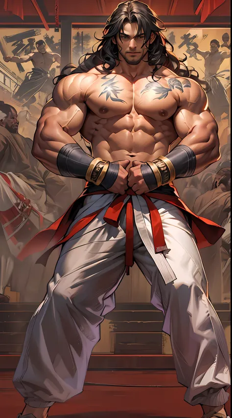 mighty fighter, chest exposed, lower body unclothed from thighs to feet, flowing long curls, detailed muscular physique, photore...