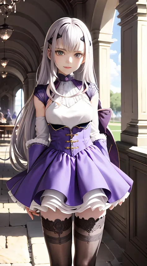 wear purple，heavy knightly armor，wear a purple brace，large silver shoulder pads，silver calf and knee armor，tall girl，real human，...