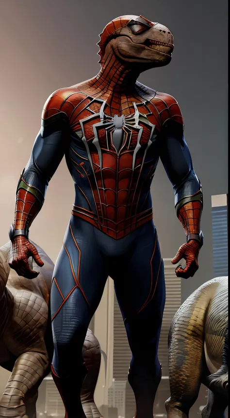 mix portrait of spiderman with dinosaur, in scfi costumes, dynamic composition, cinematic lighting, warm and bright colors, art by Sam Weber and Michael C Hayes, 8k, trending on artstation, highly detailed, cinematic