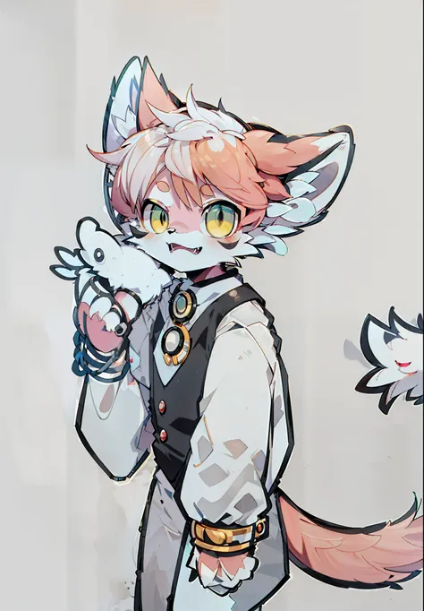 draw a girl with pink hair and a black vest holding a bird, professional furry drawing, anthropomorphic fox, anthropomorphic fox...