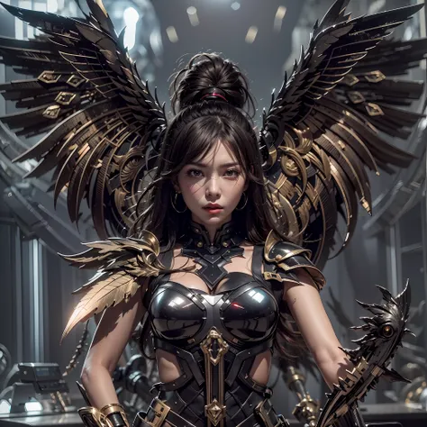 1girll，dark angel warrior，(((on the back there is a pair of large black half-body wings)))，black titanium，metal wings，（（metal wi...