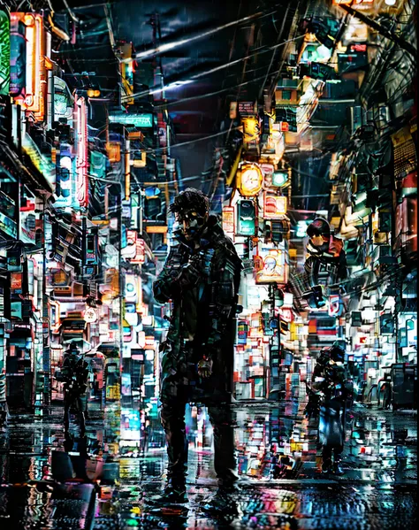 photo of detective man standing alone in rain silhouetted with neon lights | cyberpunk | nightcity | canon ef 50mm f/1.8 stm len...