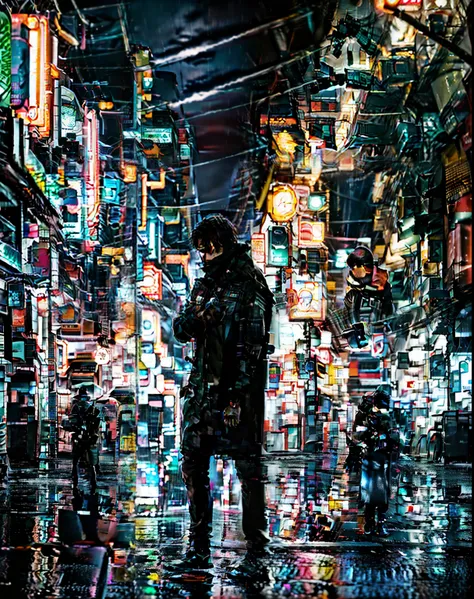 photo of detective man standing alone in rain silhouetted with neon lights | cyberpunk | nightcity | canon ef 50mm f/1.8 stm len...