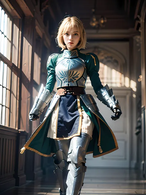 aasaber, green eyes, blonde hair, ahoge, gauntlets, (masterpiece:1.2), (ultra detailed), (8k, intricate), (85mm), (highly detail...