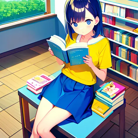 1girll, sitting, reading book，bright library