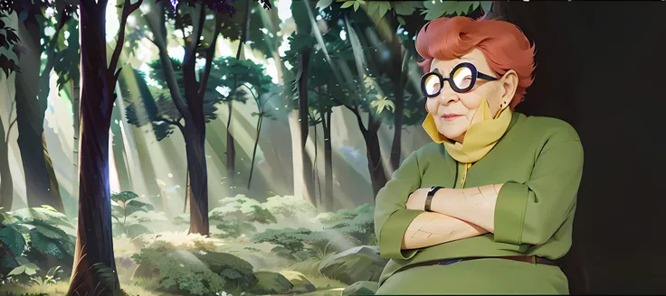 Grandma Anime in front of a tree in a forest, estilo de arte league of legends | |, arte oficial de jogo, alta qualidade