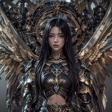 1girll，dark angel warrior，(((on the back there is a pair of large black half-body wings)))，black titanium，metal wings，（（metal wi...