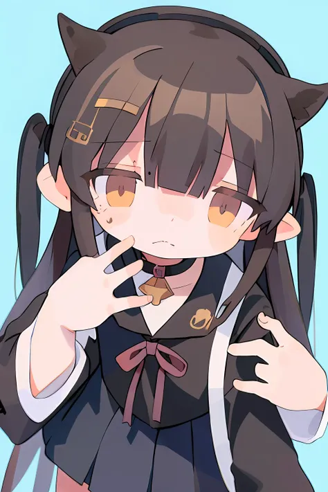 With long hair in black sailor suit with two girls with sad expressions on their faces、One of them has gray hair.、The other has brown hair。