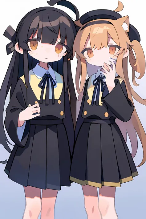 With long hair in black sailor suit with two girls with sad expressions on their faces、One of them has gray hair.、The other has brown hair。