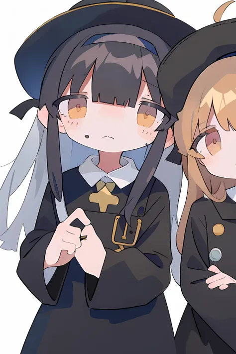 With long hair in black sailor suit with two girls with sad expressions on their faces、One of them has gray hair.、The other has brown hair。