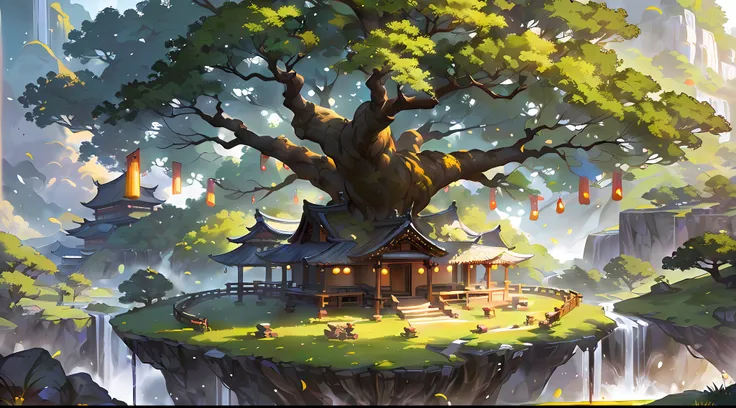 There is a huge ancient tree in the middle of the picture、The body of the tree emits golden light(Golden light),thatched hut、springtime、jungles、lakes、waterfallr、grassy fields、Rochas、hot onsen、hydrosphere、surrounded by cloud,(illustratio:1.0)、Epic compositi...