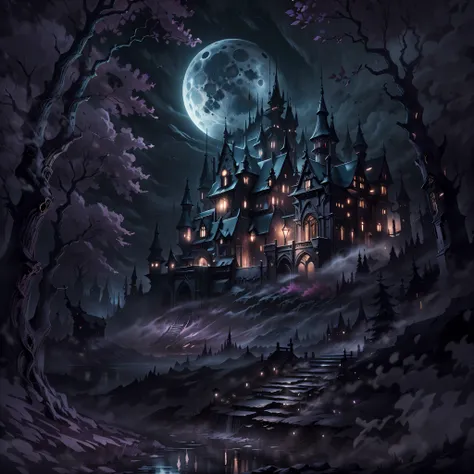 moon, black night, shadowy old castle, dark forest in the background,hdr,uhd,8k, best quality, masterpiece, highly detailed, ult...