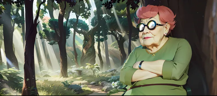 Grandma Anime in front of a tree in a forest, estilo de arte league of legends | | |, arte oficial de jogo, alta qualidade