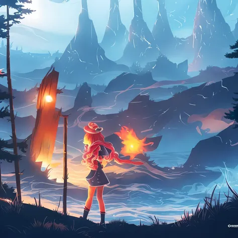 Oxenfrie, Game, 2D, A  girl, Blue hair, hairlong, red jacket, island, radios, young girl, Mysticism, Disney, Classic animation, animification, Art, mist, the night, Beach, ismail