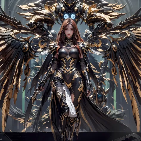 1girll，dark angel warrior，(((on the back there is a pair of large black half-body wings)))，black titanium，metal wings，（（metal wi...