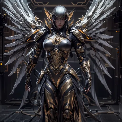 1girll，dark angel warrior，(((on the back there is a pair of large black half-body wings)))，black titanium，metal wings，（（metal wi...