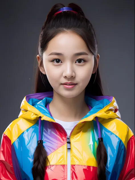 A 16-year-old female high school student,Wearing a PVC red racing suit,Purple colored hair