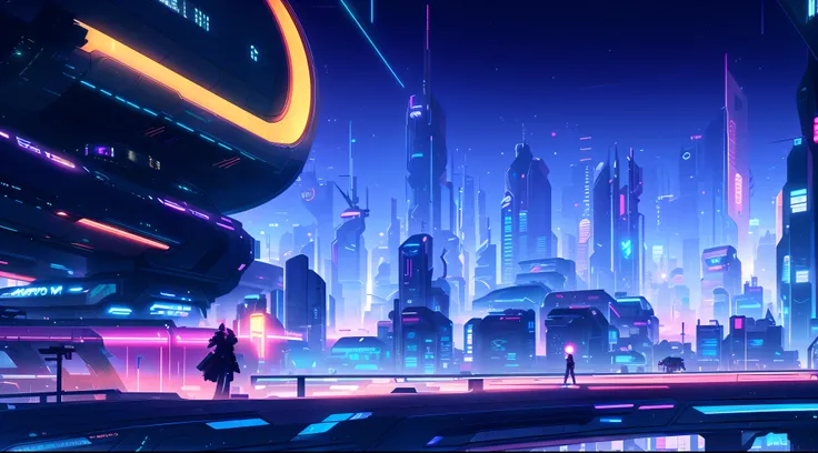 cidade futuristica, in a futuristic cyberpunk city, cyberpunk city in the distance, in front of a sci fi cityscape, digital cybe...