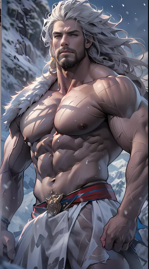 Mighty warrior, shirtless upper body, legs exposed from thighs to feet, cascading long curls, detailed muscular physique, lifelike depiction, 4K resolution. Background: Snow-covered mountain peak,32k uhd, best quality, masterpiece, super detail, high detai...