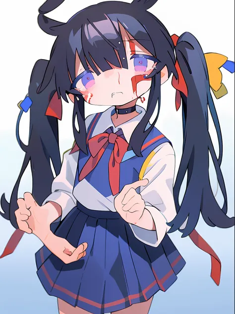 Classroom scene、girl with、独奏、Long、Black hair pastel blue sailor suit、Crying expression、sad Facial expression、Blood on my face