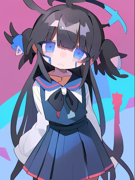 Classroom scene、girl with、独奏、Long、Black hair pastel blue sailor suit、Crying expression、sad Facial expression、Blood on my face