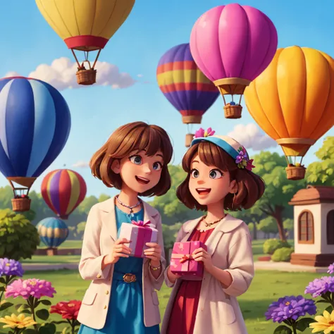 Two women sitting on the grass,With a red cap,Big red volunteer vest,Laughed happily,Both men were holding large gift bags,Balloon blue sky and white clouds in the background, Flowers around,Greenery,Sit in front position,bust,lovely digital painting, Beau...