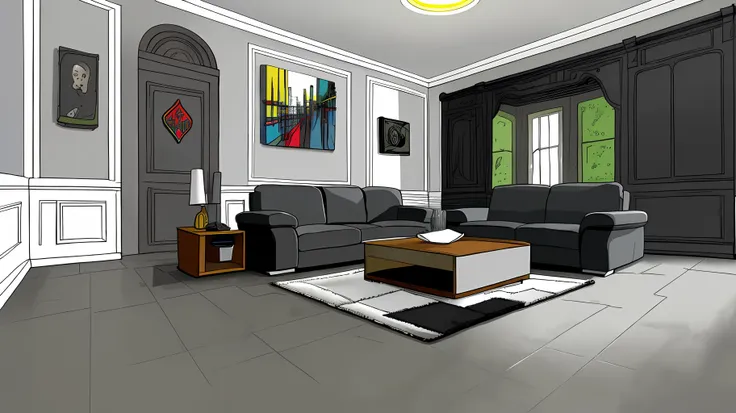 living room interior， grey floor，black sofa，，8k， hyper hd， tmasterpiece， highest  quality