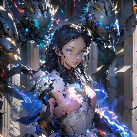 Chest 1.4,Facial refinement,Color rendering,Ice crystal rendering,in mecha style,Mechanical style rendering,realistic detail,Metallic glow。