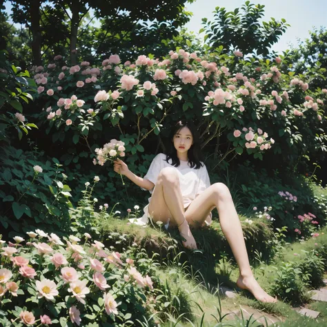 1girll,a pair of legs in a bush of flowers,put your feet on the flowers,down view,there are only legs in the field of view,