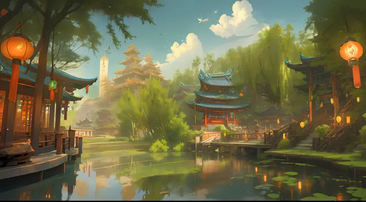 architecture, east asian architecture, scenery, lantern, pagoda, outdoors, sky, paper lantern, cloud, bird, building, tree, standing, mountain, bridge, holding, multiple girls, 6+boys, night, masterpiece, best quality, neon green lantern, purple lantern, d...