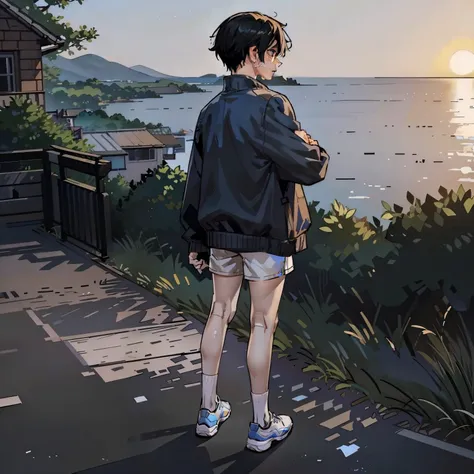 a sketch of an anime boy, black wavy hair, blue eyes, printed graphic sweater over white t-shirt, beige shirt, knee high socks, sneakers, (landscape, boy standing on a cliff, boy turned away from the camera), sunset, blue sunset, soft and warm lighting, ae...