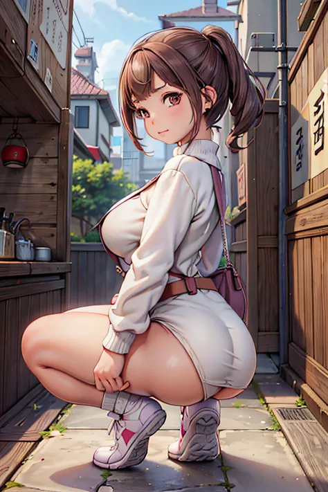masterpiece、top-quality、1girl in、younggirl、brown-eyed、drill hair、evil smile、shinny skin、(Nice leg line:1.3)、thick thight、big breasts thin waist、Huge chest break 、Chunky_knit_sweater、High waisted_wide_leg_pants、white_sneakers、statement_earrings、crossbody_b...