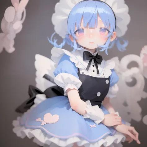 girl with、short-hair、Braids、Pastel blue hair、Pastel pink hair、Black maid clothes、Crying expression、