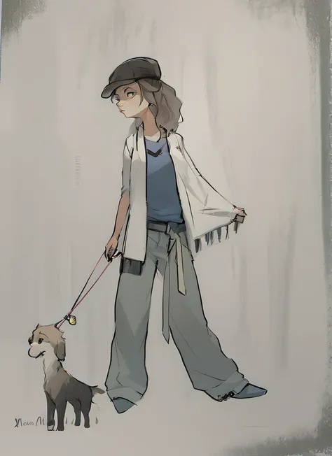 Painting of a woman on a leash with a dog, matte sketch, loose pencil sketch, old sketch, Character design sketch, professional sketch, unrealistic character concept, sketched, sketch illustratio, Black and white sketch, Rough sketch, urban girl fanart, fu...