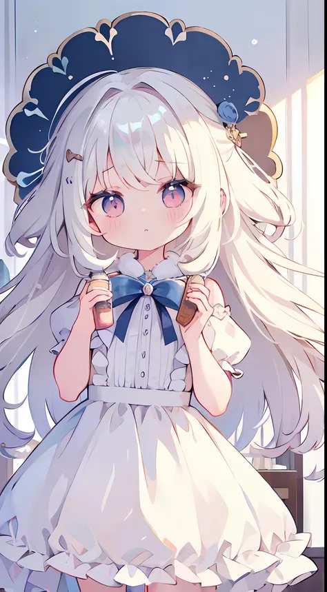 one girl、fluffy hair、wavy hair、white  hair、whipped cream、fluffy dresses、​masterpiece、top image quality、top-quality、cute little、c...