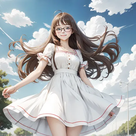 anime girl, long hair, glasses, teen, cute, using white dress, wind, park, smile